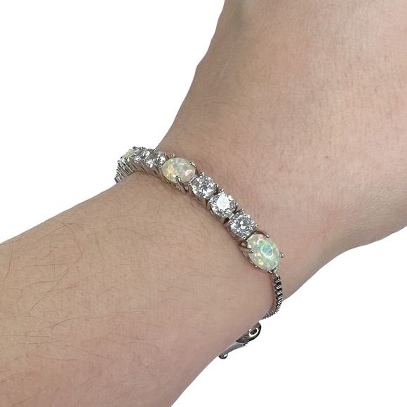Synthetic Opal and Rhinestone Bolo Slide Lock Silver Tone Bracelet - Picture 7 of 9